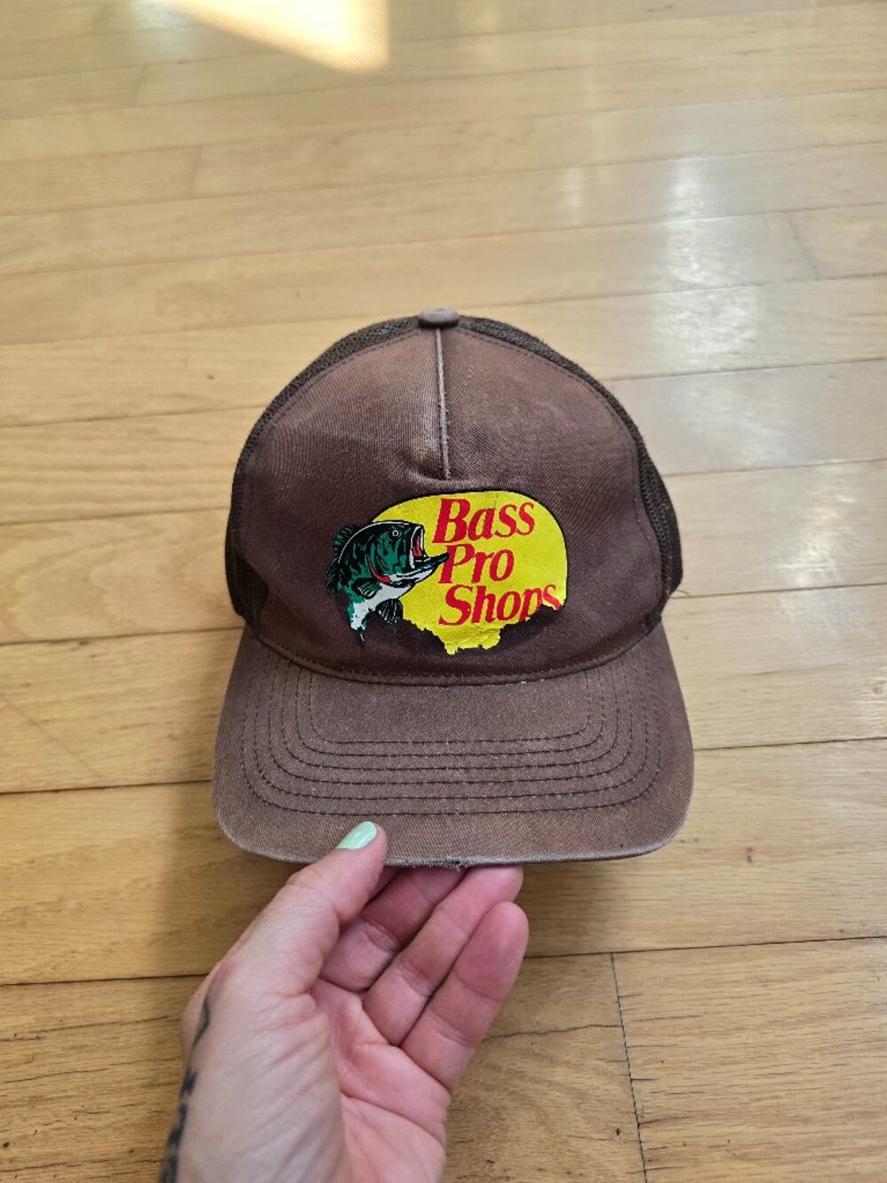 Bass Pro Shops | distressed grunge brown logo gorpcore trucker hat